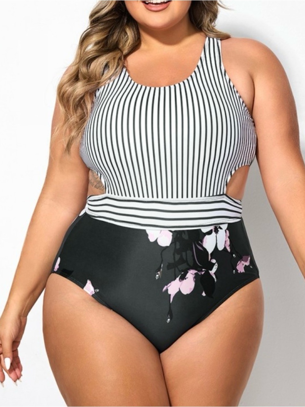 Meet.curveGreen & White Striped High-Neck Swim Top with Floral High-Waist Bottom